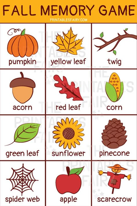 I Can Discover Autumn Preschool, Fall Matching Games For Toddlers, Fall Word Wall For Preschool, Fall Matching Game, Fall Flashcards Free Printable, Fall Toddler Printables, A Is For Autumn, Autumn For Preschoolers, Autumn Games Preschool