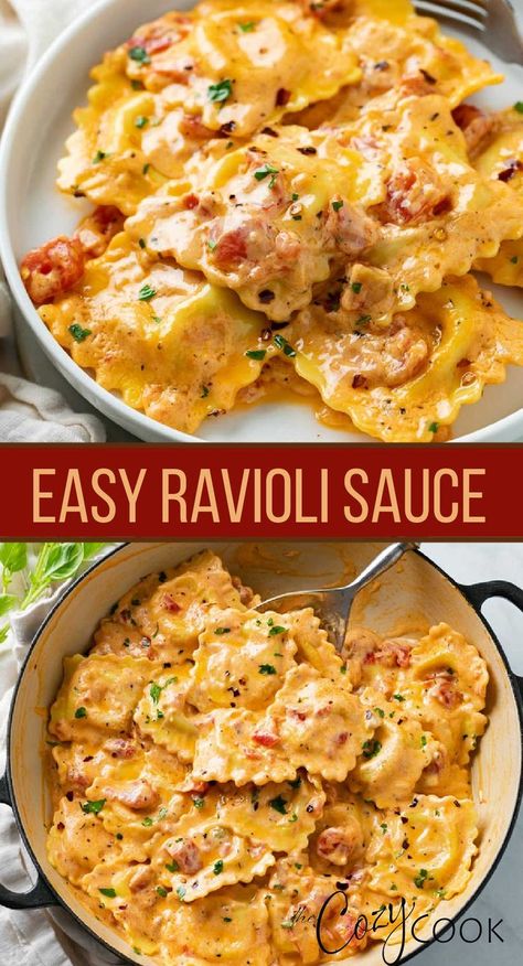 ravioli and sauce with diced tomatoes and garnished with parsley Easy Ravioli Sauce, Easy Ravioli, Ravioli Sauce, Ravioli Recipe, Canned Tomatoes, Salad Pasta, Pasta Dinners, Pasta Dinner Recipes, Dinner Recipes For Family