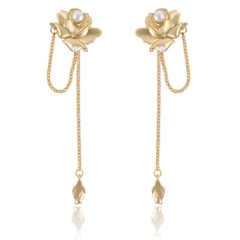 PRICES MAY VARY. 🌹ROSE FLOWER EARRINGS🌹This golden flower chain earring showcases an elegant and exquisite design that leaves a lasting impression. The centerpiece is a captivating golden flower adorned with a large pearl. One of the petals is embellished with a small pearl. The three dimensions petals create a unique and dynamic aesthetic. The golden chain gracefully combines curved arcs and vertical elements, culminating in a beautifully crafted gold bud-shaped metal pendant at the end. 🌹SP Dynamic Aesthetic, Gold Rose Flower, Large Stud Earrings, Flower Chain, Rose Stud Earrings, Chain Earring, Flower Earring, Golden Chain, Golden Earrings