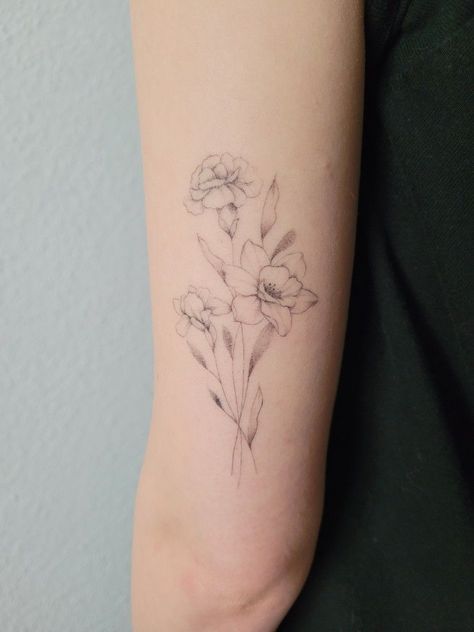 Iris Flower Bouquet Tattoo, Daffodil Carnation Tattoo, Rose Carnation Daffodil Tattoo, Carnation And Daffodil Flower Tattoo, Daffodil And Iris Tattoo, Iris And Daffodil Tattoo, Iris And Rose Tattoo, Dafodill Flower Tattoo, Daffodil And Carnation Tattoo