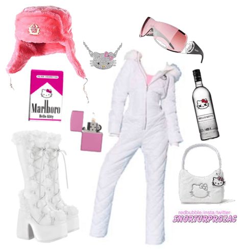 Hello Kitty Winter Clothes, 2000s Snow Outfit, Hello Kitty Theme Outfit, Cute Snow Suit, Winter Outfits Y2k Snow, Hsmtmts Jet, Y2k Snow Outfits, Hello Kitty Snow Suit, Hello Kitty Outfit Aesthetic