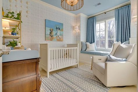 Blue Accent Wall Nursery Baby Boy, Antique Sports Nursery, Light Blue Grasscloth Wallpaper, Baby Boy Nursery Room Inspiration, Yellow And Blue Nursery, Toddler Boy Room Decor Ideas, Sky Blue Palette, Blue And Green Nursery, Blue Grasscloth Wallpaper