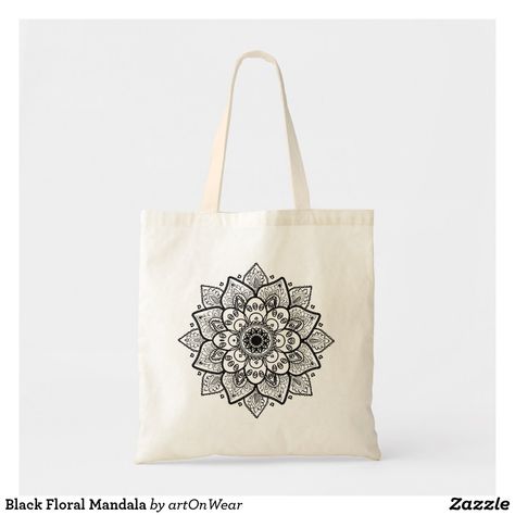 Black Floral Mandala Tote Bag Tod Bag, Painted Canvas Bags, Mandala Tote Bag, Simple Bag, Tods Bag, Mandala Floral, Textiles Projects, Art And Craft Videos, Floral Mandala