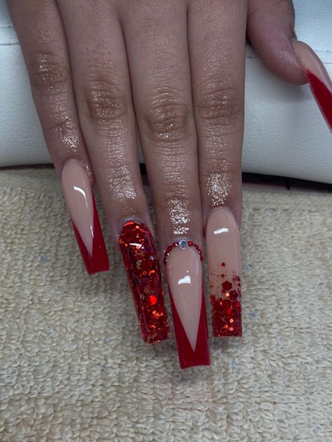 Red Glitter Acrylics, Glitter Red Nails Acrylic, Red Long Square Acrylic Nails, Glitter V Tip Nails, Red Glitter Ombre Nails Acrylic, Red Nails Acrylic For Prom, Prom Nail Ideas Red, Red V Tip Nails, Red V French Tip Nails