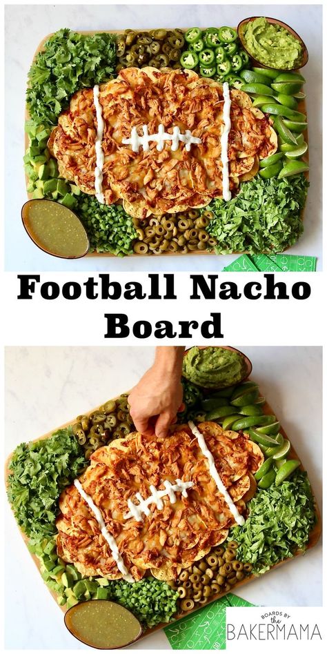 Football Nacho Board | The BakerMama Nacho Board, Gameday Appetizers, Superbowl Recipes, Bbq Chicken Nachos, Shredded Bbq Chicken, Football Crafts, Football Snacks, Football Party Food, Chicken Nachos