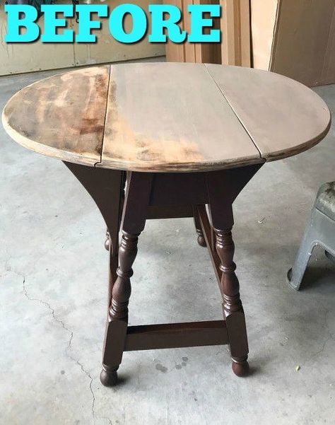 I needed a table to fit in between my two wing back chairs that I had just finished and I remembered that I had one I bought from a neighbor.  It was the perfect size.   I knew that it didn't need sanded to use chalk paint but my husband got up one morning and decided to to me a favor and sand the top of the table. I stopped him and said it wasn't necessary.   SO...to save a step...don't bother to sand the furniture.   Let hubby stain the legs. Then I painted the top with COCO Annie Sl… Upcycled Furniture Before And After, Hometalk Diy, Old Table, Table Makeover, Diy Makeover, Recycled Furniture, Redo Furniture, Garden Diy, Repurposed Furniture