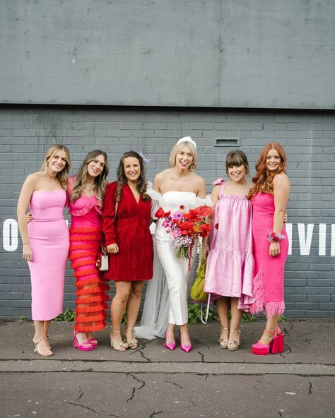 Tons Of "Bold And Joyful" Florals For This Vibrant Modern Wedding In Liverpool Pink And Red Bridesmaid Dresses, Red And Pink Bridesmaid Dresses, Retro Bridesmaid Dresses, Party Palette, Halfpenny London, London Bride, Wedding Moodboard, Bride Squad, Pink Bridal