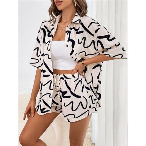 -Item Id 13813117 -Color: Black And White -Style: Casual -Pattern Type: All Over Print -Tops Sleeve Length: Short Sleeve -Details: Button Front -Neckline: Collar -Tops Length: Long -Pants Length: Mini Shorts -Tops & Pants Material: Woven Fabric -Top Type: Blouse -Tops & Pants Composition: 95% Polyester, 5% Elastane -Bottom Type: Shorts -Sleeve Type: Drop Shoulder -Fit Type: Loose -Fabric: Non-Stretch -Care Instructions: Machine Wash, Do Not Dry Clean,Wash With The Soft Detergent -Sheer: No **Ope Drop Shoulder Blouse, Blouse And Shorts, Drop Shoulder Shirt, Traje Casual, Vestidos Vintage, Outfit Casual, Shorts Set, Two Piece Outfit, Print Pattern