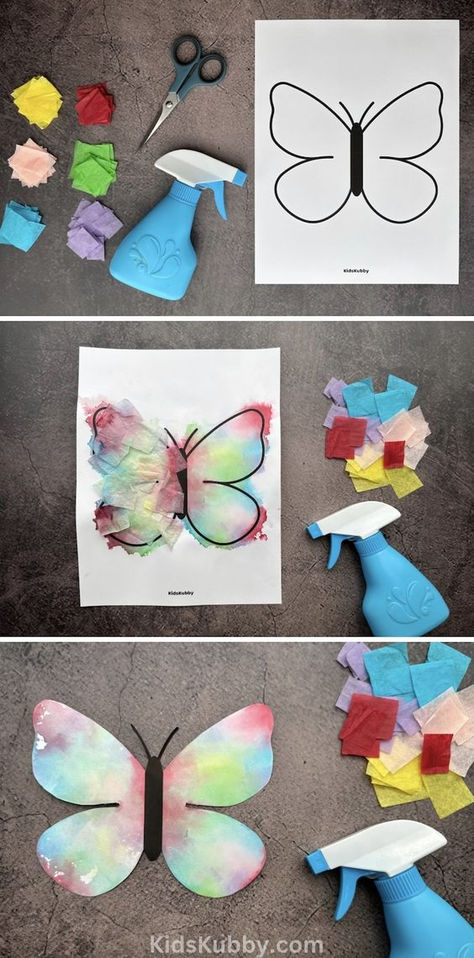 Tissue Paper Painted Butterfly Art Easy Craft Kindergarten, Butterfly Tissue Paper Craft, Things That Fly Crafts For Toddlers, Diy Butterfly Craft, Easy Art Activities For Preschoolers, Butterfly Crafts For Kids Preschool, Art Projects For Special Needs, Preschool Butterfly Crafts, Butterfly Art Activity