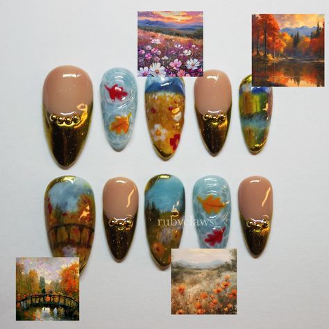 my take on the “monet nails” trend 🍂 i wanted to have that oil painting effect but for fall instead of the normal water lillies that i always see! 🪷 ———————————————- these nails took me longer than usual, not to mention i had to redo a few nails because they didnt go w the rest of the set (see last pic for what i took out) BUT im LOVING them so much 🎨 the two middle finger nails are my fave for sure. Which is ur favorite? ———————————————- #fallnails #monetnails #fallnailinspo #autumnnails #n... Monet Nails, Painting Nails, Nails Trend, Nail Time, Water Lilly, Finger Nails, Monet Paintings, Nail Paint, Nail Trends