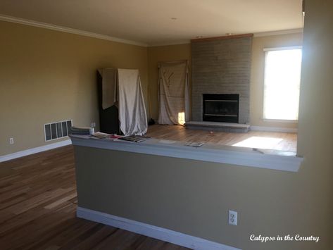 Renovation Progress - Should You Remove a Half Wall? - Calypso in the Country Remove Kitchen Wall, Pony Wall Ideas, Wall Between Kitchen And Living Room, Half Wall Ideas, Home Decor Ideas Indian, Kitchen Eating Areas, Pony Wall, Half Walls, Rustic Floating Shelves