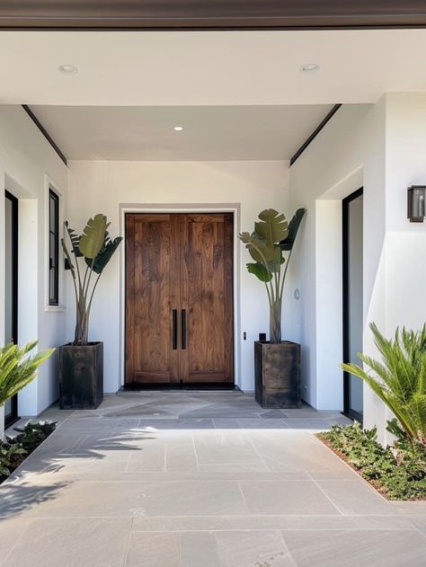 House Entrance Ideas Entryway Exterior Modern, Minimalist House Entrance, Minimalist Home Design Exterior, Florida Front Porch Ideas, Front Porch Minimalist, Courtyard Entryway Front Entry, Modern Farmhouse Entrance, Minimalist Front Porch, Entrance Ideas Entryway