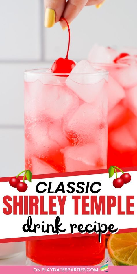 Learn how to make your own easy Shirley Temple drink whenever you want to feel fancy and enjoy a fizzy, refreshing recipe. This Shirley Temple recipe is a classic non alcoholic drink for kids, but is also loved by adults. This pretty pink drink is a fun and easy DIY mocktail recipe for spring and summer parties and other celebrations like Easter, Valentine's Day, Halloween, Christmas, and New Year's Eve. Sherry Temple Drink Recipe, Vanilla Shirley Temple, How To Make A Shirley Temple Drink, Easy Drinks To Make Non Alcoholic, Shirley Temple Party Punch, Christmas Shirley Temple Drink, Large Batch Shirley Temple, Homemade Shirley Temple, How To Make Shirley Temples