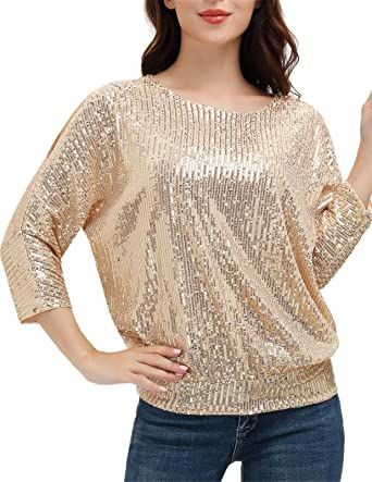 JASAMBAC Women's Sparkle Sequin Tops Shimmer Glitter Loose Cold Shoulder Party Tunic Batwing Dolman Dressy Tops Gold Shirts For Women, Gold Sequin Top, Fancy Shirt, Womens Tops Dressy, Sequin Sleeve, Glitter Party, Sequin Shirt, Party Tops, Dressy Tops