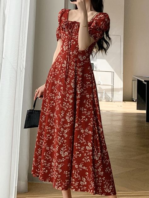 Women's Vintage Slim Split Maxi Dress Floral Casual Red Dress Female Fashion Korean Chic Boho Beach Casual Red Dress, Boho Beach Party, Red Dress Casual, Maxi Dress Floral, Womens Knit Dresses, Split Maxi Dress, Linen Pants Women, Puff Sleeve Dresses, Womens Dress Pants