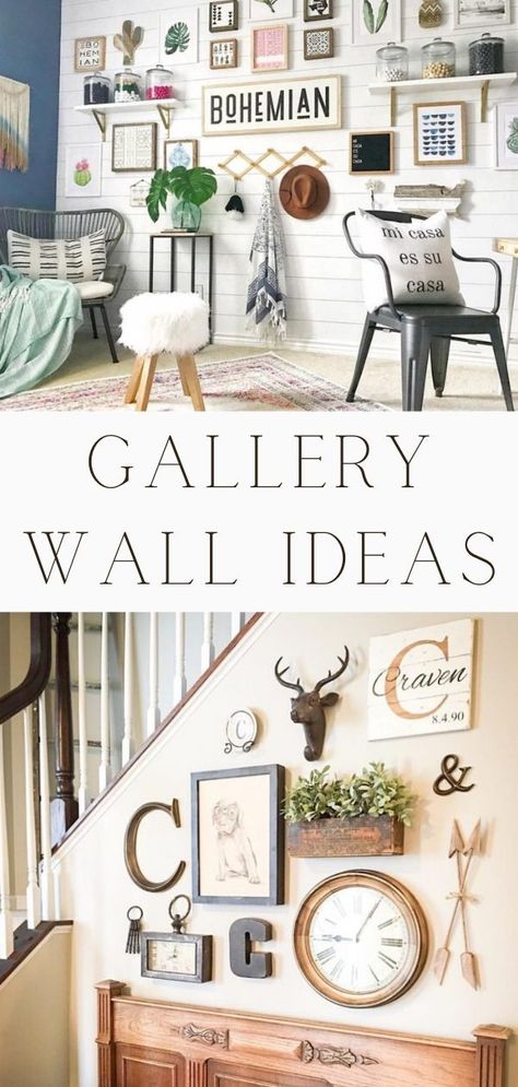 The great thing about a gallery wall collage is that there isn't a real order to where the pieces are hung. No need for a perfect line, layout or spaced a certain number of inches apart and what's not to love about the freedom in that. Check out loads of ideas and tips from farmhouse rustic style to eclectic to boho. DIY for the living room, bedroom, foyer, hall, staircase, kitchen, dorm, nursery and more. Above couch, inspiration too. Life on Summerhill. Gallery wall ideas Rustic Gallery Wall, Farmhouse Gallery Wall, Kitchen Gallery Wall, Gallery Wall Ideas, Boho Gallery Wall, Rustic Farmhouse Living Room, Gallery Wall Layout, Eclectic Gallery Wall, Photo Wall Gallery