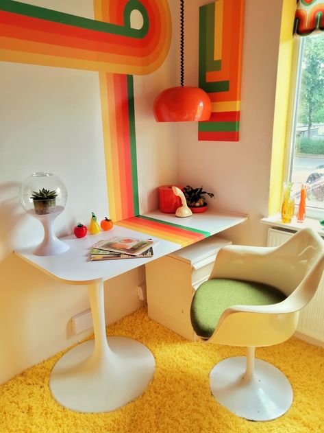 The yellow paint color in the office is Valspar's "Bonjour." Credit: <a href="https://70shousemanchester.com/">Estelle Bilson</a> Manchester Apartment, Yellow Paint Color, 1970s Interior Design, Funky Bathroom, G Plan Sideboard, Art Deco Homes, 70s House, 1970s Decor, Retro Sideboard