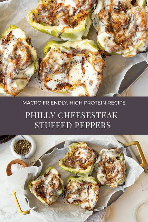 Philly Cheesesteak Bell Peppers, Low Cal Philly Cheesesteak, Low Calorie Philly Cheese Steak Bowl, Healthy Cheesesteak Bowl, Philly Chicken Stuffed Peppers, High Protein Philly Cheesesteak, Philly Cheesesteak Meal Prep, Stuffed Peppers Cheesesteak, Stuffed Bell Peppers Alfredo