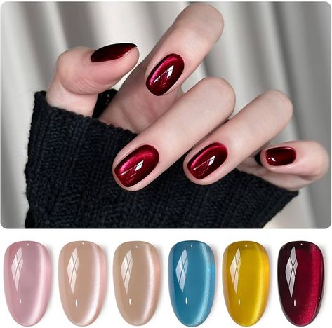 Cats Eye Nail Polish Gel, Burgundy Cat Eye Nails, Nails Cat Eye, Red Cat Eye, Ombre Gel Nails, Gel Nail Set, Cat Eye Nails Polish, Glitter Manicure, Cat Eye Gel Polish