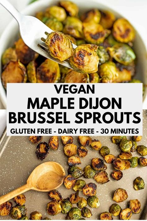 Maple dijon brussel sprouts are so easy to make and ready in about 30 minutes. Great for weeknight dinners or holiday meals. These mustard maple brussel sprouts are vegan, gluten free and dairy free. Dijon Brussel Sprouts, Mustard Brussel Sprouts, Maple Brussel Sprouts, Honey Brussel Sprouts, Maple Mustard, Sprout Recipes, Brussels Sprouts Recipe, Holiday Meals, Healthy Side