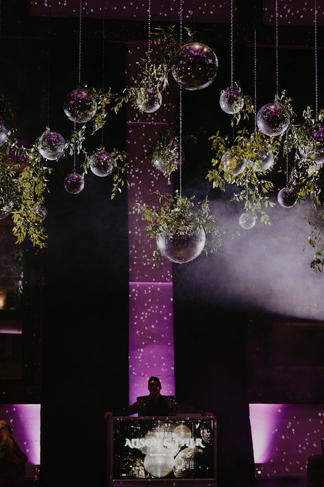 Sangeet Disco Theme, Disco Wedding Decorations, Disco Ball And Greenery, Disco Event Decor, Moody Disco Wedding, Hanging Disco Ball Decor, Disco Ball Decor Party, Disco Ball Wedding Reception, Ballroom Decorations