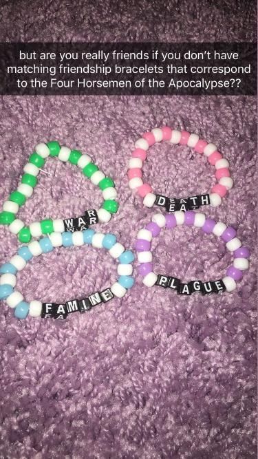 Cute Beaded Bracelets Words Funny, 4 Horsemen Of The Apocalypse Bracelets, 4 Friendship Bracelets, New Dimension Aesthetic, Bracelets Pony Beads Ideas, Friendship Bracelets For 4 Friends, Pony Bead Jewelry Ideas, Friend Group Bracelets, What To Write On Bracelets