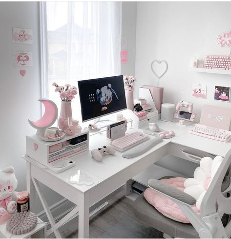 Pastel Pink Home Decor, White Gaming Setup, Cute Gaming Setup, Cute Gaming, Gamer Setup, Gamer Room Decor, Pink Room Decor, Gaming Setups, Desk Inspo