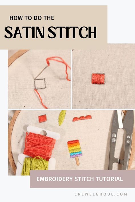 The satin stitch is a beginner friendly embroidery stitch that is very commonly used in hand embroidery. It's usually used to fill in areas where you want to achieve a neat, smooth appearance. Here's how to make the perfect stitches! How To Do A Satin Stitch, How To Satin Stitch Embroidery, Satin Stitch Embroidery Tutorial, Basic Embroidery Stitches For Beginners, Satin Stitch Embroidery, Embroidery Tips, Embroidery Stitch, Basic Embroidery Stitches, Stitch Tutorial