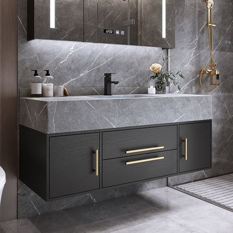 Modern 39" Floating Black Bathroom Vanity Stone Top Wall Mounted Bathroom Cabinet with Integral Ceramic Sink تصميم دورة مياه, Black Vanity Bathroom, Wall Mounted Bathroom Cabinets, Bathroom Vanity Designs, Vanity Design, Relaxing Atmosphere, Renovation Design, Floating Vanity, Modern Baths