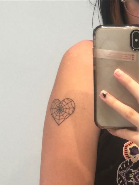 Spiderweb With Heart Tattoo, Heart Spiderweb Knee Tattoo, Heart Web Spider Tattoo, Spider Web Heart Tattoo Elbow, Heart Tattoo Spiderweb, Web Heart Tattoo, Spider Web Heart Tattoo, Web Heart, Cute Hand Tattoos