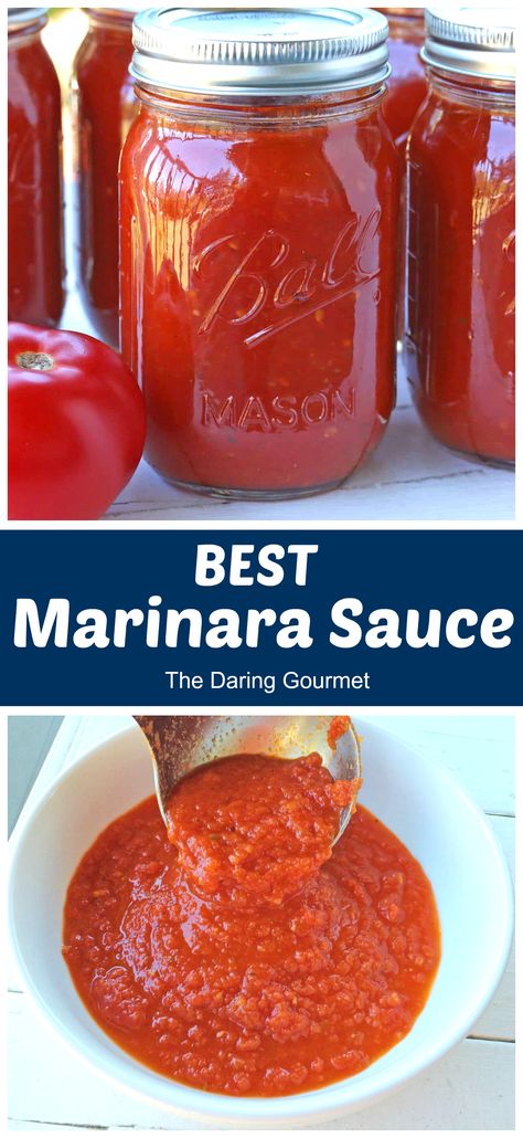 You won't find a more flavorful marinara sauce - it's easy to make and is absolutely PACKED with flavor!  Canning instructions included so you can enjoy the fresh flavor of tomatoes all year long! The Daring Gourmet, How To Can Marinara Sauce, Freezer Marinara Sauce, Manara Sauce, Sweet Marinara Sauce, The Best Marinara Sauce, Canning Marinara Sauce, Simple Sauces, Daring Gourmet