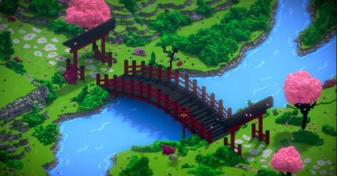 Japanese Bridge Japanese Minecraft Builds, Minecraft Japanese House, Construction Minecraft, Minecraft Japanese, Japanese Bridge, Japanese Town, Voxel Art, Japanese Village, Bangunan Minecraft