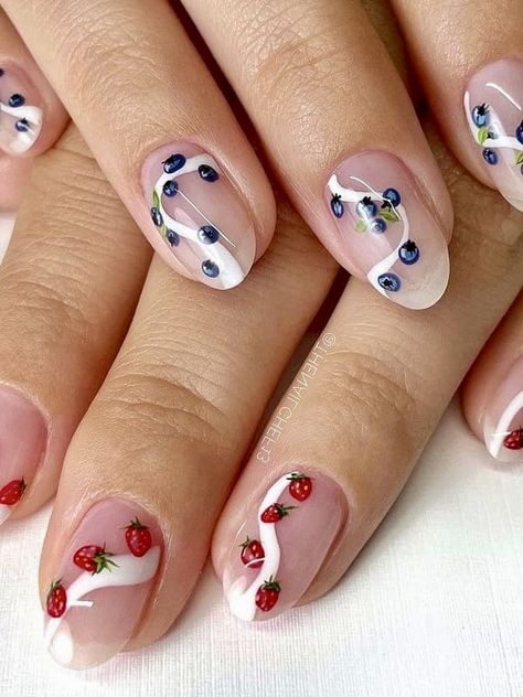 4th Of July Nail Art, Fruit Nail Designs, 4th Of July Nail, Berry Nails, Fruit Nail Art, Simple Gel Nails, 4th Of July Nails, Summery Nails, July Nails