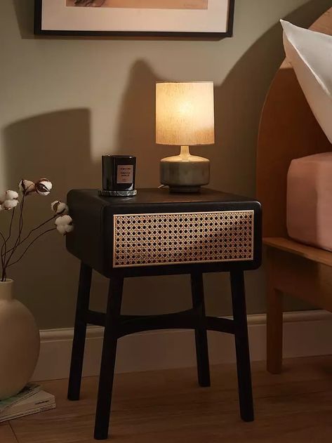 Black Rattan Bedside Table, Rattan Bedroom Furniture, Green Bedside Table, Storage Bedside Table, Bedside Table Black, Rattan Bedroom, Functional Bedroom, Black Bedside Table, Rattan Storage