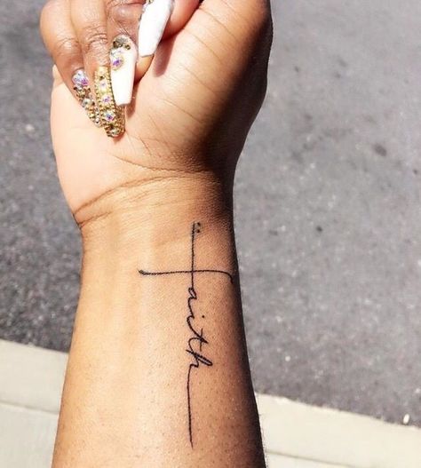 Faith Cross Wrist Faith Tattoo Faith Tattoos, Tattoo Side, Faith Tattoo On Wrist, Simple Wrist Tattoos, Believe Tattoos, Side Wrist Tattoos, Meaningful Wrist Tattoos, Tiny Wrist Tattoos, Cross Tattoos For Women