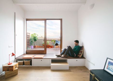 Nook Architects add patterned floor tiles and window seat to Barcelona apartment renovation Barcelona Apartment, Patterned Floor Tiles, Apartment Renovation, Design Del Prodotto, Floor Patterns, Window Seat, Design Case, Small Apartments, 인테리어 디자인