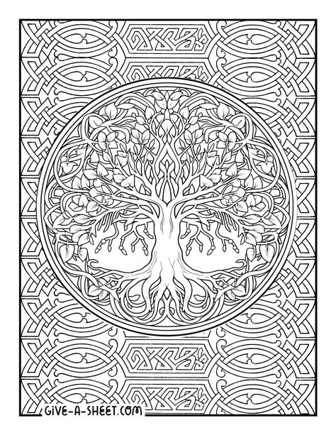 Celtic tree of life coloring page with intricate details. Celtic Tree Of Life Coloring Pages, Tolkien Coloring Pages, Tree Of Life Coloring Pages Free Printable, Celtic Mandala Coloring Pages, Tree Of Life Template Free Printable, Colouring Pages For Adults Mandala, Celtic Zentangle, Tree Colouring Pages, Detailed Coloring Pages For Grown Ups