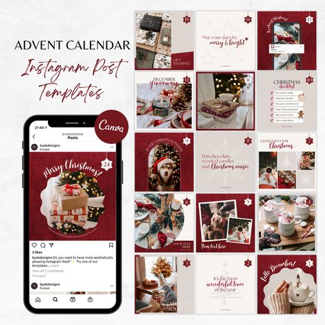 Make your holiday marketing easy and create a magical Instagram Christmas feed with this advent calendar post template!  What's included? - 24 Instagram Post templates in 1080px x 1080px (fully editable on Canva). Find the link to the template in the PDF file. How does it work? - Add the templates to your cart for purchase. Once payment is received you will receive a PDF with instructions and a link to your templates. They are completely customizable meaning you can edit the text, colors, images Christmas Instagram Feed Design, Winter Templates Instagram, Christmas Instagram Post Design, Christmas Posts Ideas, Christmas Calendar Design, Instagram Advent Calendar, Advent Calendar Social Media, Christmas Instagram Templates, Christmas Instagram Post Ideas