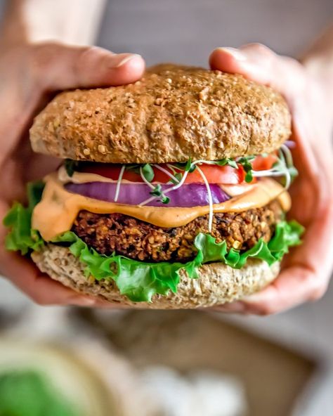 Wholesome, flavorful, and satisfying, this Ultimate Healthy Vegan Black Bean Burger with Special Burger Sauce is sure to put a smile on your face! #vegan #oilfree #glutenfree #plantbased | monkeyandmekitchenadventures.com Vegan Black Bean Burger, Homemade Veggie Burgers, Black Bean Burger, Vegan Black Bean, Black Bean Burgers, Burger Sauce, Vegan Beans, Vegan Burger, Bean Burger