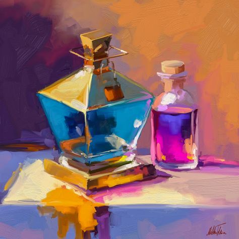 Still life with decanter digital oil painting by Mikko Tyllinen. Beautiful and colorful painting. David Lobenberg, Digital Oil Painting, The 5th Of November, Colorful Paintings, Daily Art, Visual Artist, Art Blog, Card Art, Be Still