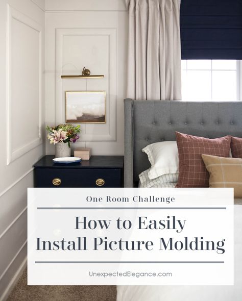 Get tips on how to EASILY install picture molding.  This process went very quickly and turned out great!! #DIY #picturemolding #walltreatment Picture Frame Molding Bedroom, Molding Bedroom, Bed Against Window, Picture Rail Molding, Home Decor Dyi, Picture Molding, Old Home Remodel, Frame Molding, Picture Frame Molding