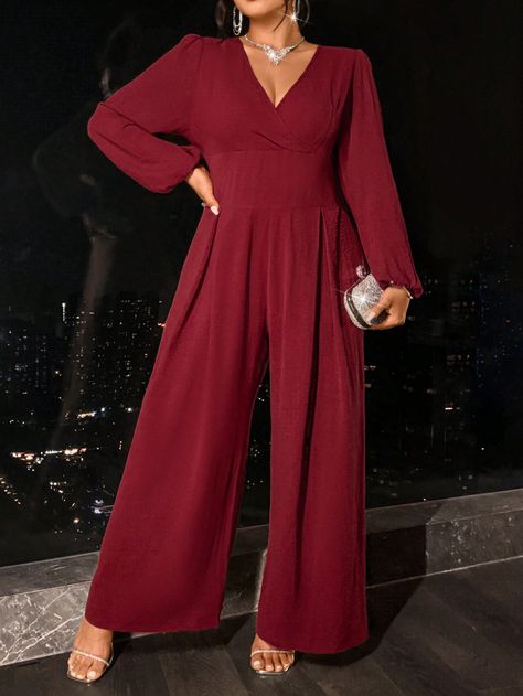 Solid Color Elegant Wrap Collar Long Sleeve Wide Leg Jumpsuit Burgundy Elegant  Extra-Long Sleeve Woven Fabric Plain Other Non-Stretch  Women Plus Clothing, size features are:Bust: ,Length: ,Sleeve Length: Burgundy Jumpsuit, Bandana Hairstyles, Bow Hair Clips, Boho Women, Kids Sleepwear, Inspiration Mode, Wide Leg Jumpsuit, Straight Leg Pants, Plus Clothing