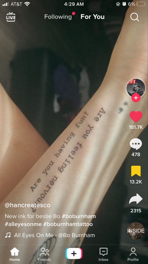 All Eyes On Me Tattoo Bo Burnham, Bo Burnham Tattoo Ideas, Bo Burnham Tattoo, Left Arm Tattoos, Stick Poke Tattoo, Matching Friend Tattoos, Friend Things, Matching Friend, Body Accessories