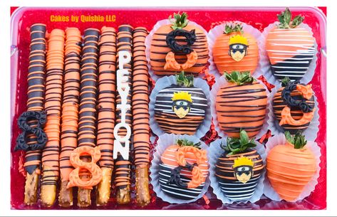 Naruto Cake Pop Ideas, Naruto Treats Ideas, Naruto Dessert Table, Naruto Strawberries, Naruto Chocolate Covered Strawberries, Naruto Desserts, Naruto Themed Birthday Party Food, Naruto Treats, Naruto Birthday Party Ideas