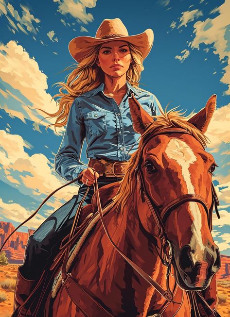 This stunning original oil painting captures the essence of a cowgirl with her horse, radiating confidence and grace. The vibrant colors and intricate details bring the scene to life, showcasing the beauty of the open landscape that surrounds them. A true work of art, this piece is perfect for any art collection, adding a touch of western charm to your space. Created with the highest craftsmanship, this painting is an oil on canvas medium that exudes quality and durability. Measuring 36x48 inche Cowgirl Artwork, Open Landscape, Cowgirl Art, Cool Pencil Drawings, Book Character, Character Inspo, Vintage Poster Art, Country Art, Fall Wallpaper