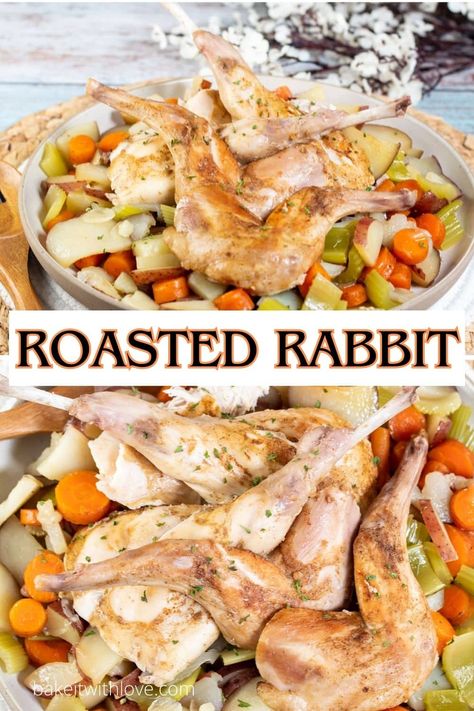 This whole roasted rabbit with potatoes and root vegetables is an easy and well-rounded meal that showcases the unique flavor of rabbit meat! With only 10 minutes of prep time, you don't have to have any experience cooking rabbit to turn it into a fabulous rabbit pot roast for dinner! All you have to do is season and sear the meat, add broth and veggies, and roast until everything is melt-in-your-mouth tender! BakeItWithLove.com Baked Rabbit Recipes Easy, Instapot Rabbit Recipes, Rabbit Roast Recipe, Rabbit Recipe Baked, Cooking Rabbit Recipes, Oven Roasted Rabbit Recipe, Rabbit Recipes Easy, Crockpot Rabbit Recipe, Roasted Rabbit Recipe