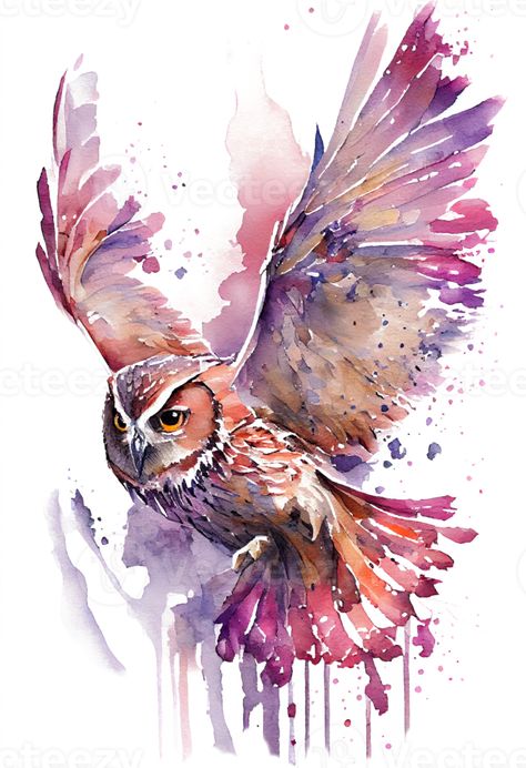 Abstract Watercolor Animals, Owl Drawing Color, Owl Watercolor Paintings, Flying Owl Tattoo, Watercolor Animal Paintings, Owl Art Painting, Abstract Owl Painting, Flying Bird Art, Paint Owl