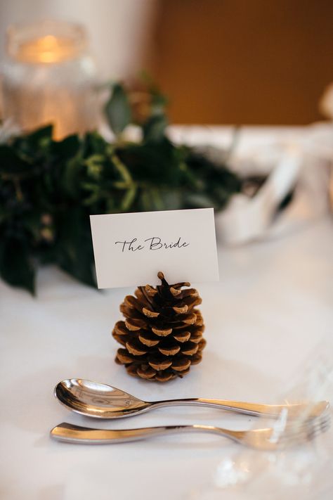 Pinecone Name Holder Wedding, Pine Cone Table Names, Pine Cone Name Places, Pine Cone Wedding Table Decorations, Pine Cone Place Setting, Pinecone Table Numbers, Place Name Ideas Christmas, Pinecone Name Holder, Pine Cone Table Numbers