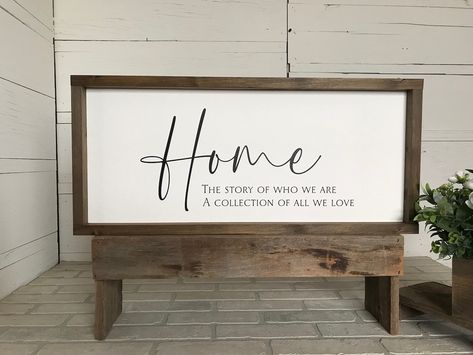 This simple, elegant wood sign expresses the extreme importance of your Home! Place it in the entry way to greet guests, or in the cozy family room for an everyday reminder. It would also be an awesome housewarming gift! > Our original design > Sturdy construction > All wood, no mdf or particle board > Saw tooth hanger attached for easy hanging These signs are framed with hand stained pine in the color of your choice. They have a soft white background and commercial grade matte lettering for a p Rustic Signs And Sayings, Wall Signs For Living Room, Sayings For Signs Home Decor, Diy Wooden Signs, Signs For The Home, Wall Art Modern Farmhouse, Spring Signs, Cozy Family Room, Everyday Reminder