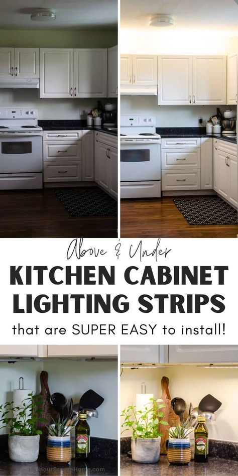 Brighten up your workspace and make your kitchen feel cheerier and larger with this super easy to install ultra slim LED strip light system. No hardwiring is required -just plug them in and they light up! Apartment Under Cabinet Lighting, Led Above Cabinet Lighting, Light Above Kitchen Cabinets, Lights On Top Of Cabinets, Lighting On Top Of Kitchen Cabinets, String Lights Kitchen Cabinets, Lights On Top Of Kitchen Cabinets, Above Cabinet Lighting Kitchen, Under Kitchen Cabinet Lighting